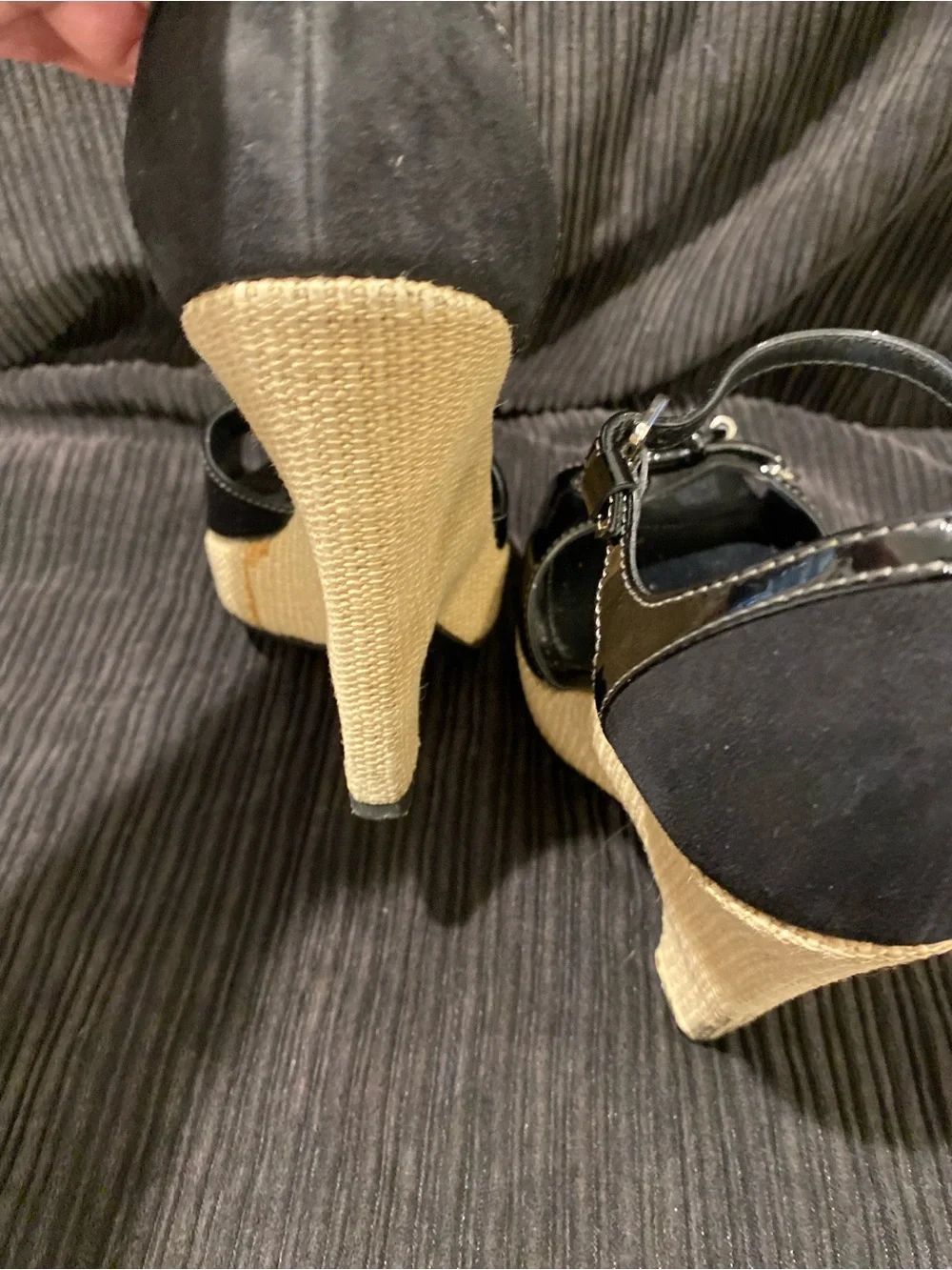 Tod's Black Patent Leather Wedge Sandals with Natural Woven Heel